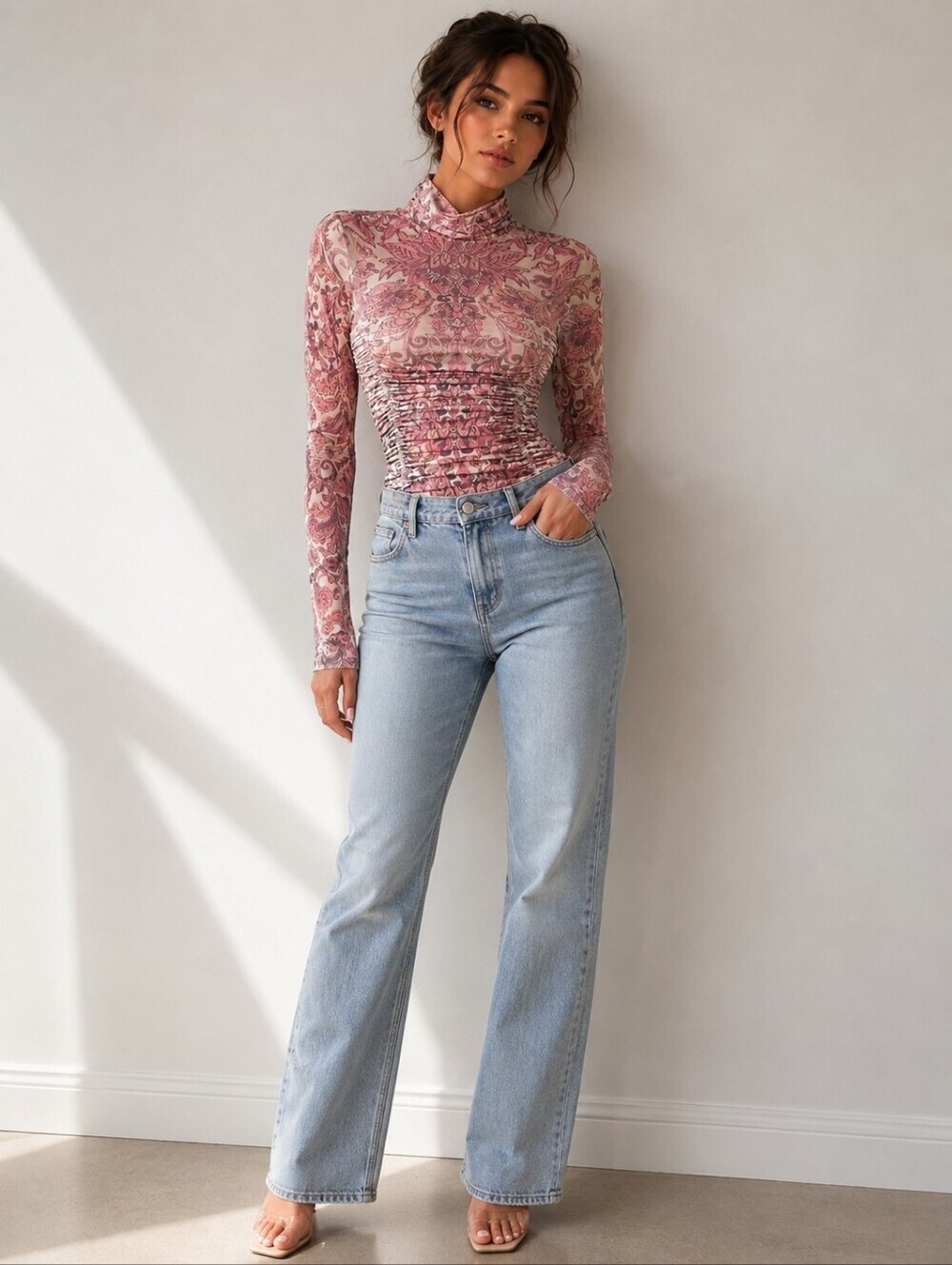 Free People Pink Paisley Ruched SHEER Turtleneck Bodysuit - Picture 3 of 11